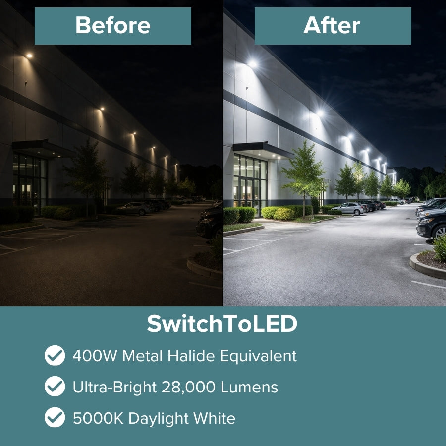 before and after LED flood light upgrade 400W metal halide replacement brighter outdoor lighting
