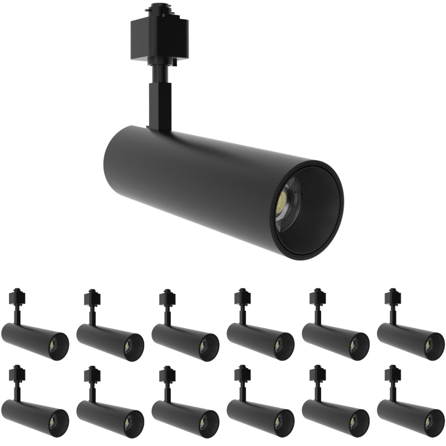 Twelve-pack black LED track lights with selectable 10W, 15W, or 20W power and 5CCT color temperature for commercial lighting.