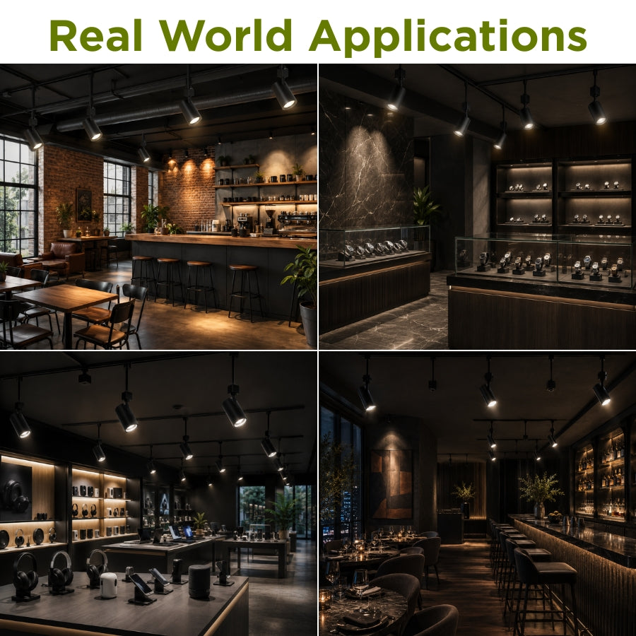 Black LED track light used in restaurants, cafés, retail stores, jewelry displays, and modern commercial interiors.