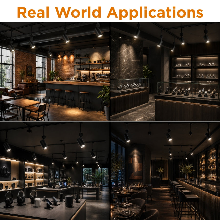 Black LED track lighting installed in restaurants, retail stores, jewelry shops and commercial interiors.