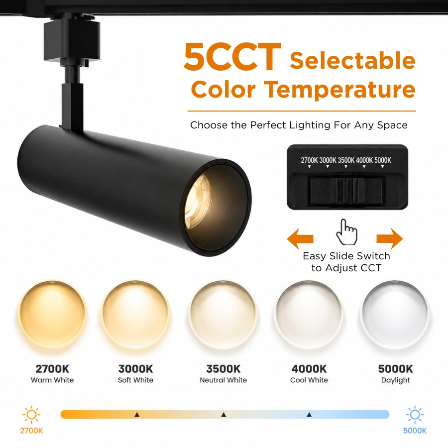 Black LED track light with adjustable 2700K, 3000K, 3500K, 4000K and 5000K color temperature using a slide switch.