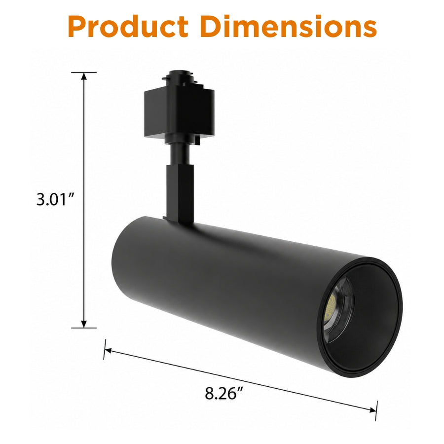 Dimensions of the black LED track light measuring 8.26 inches in length and 3.01 inches in height.