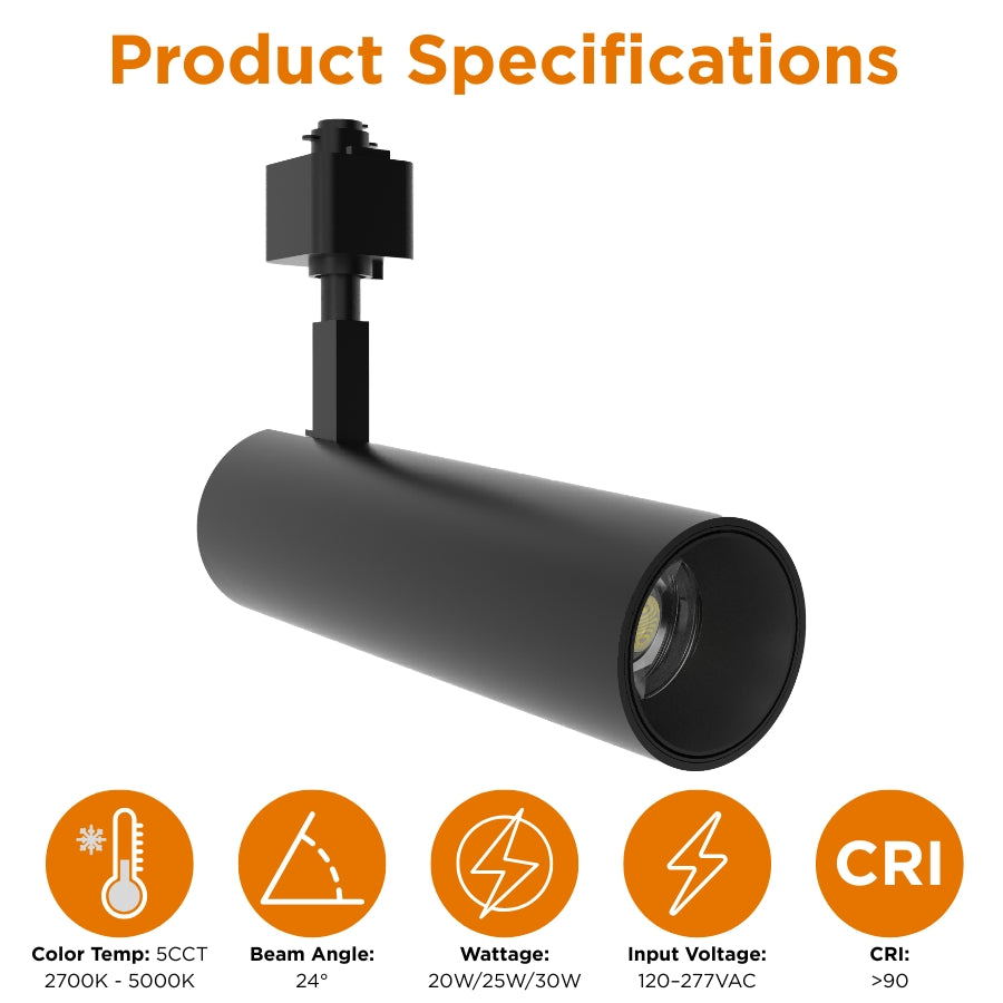 Black LED track spotlight specifications featuring 5CCT selectable color temperature, 24° beam angle, CRI 90+, and 120-277V input.