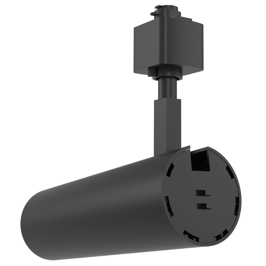 Rear view of the black LED track light displaying the integrated track adapter and durable aluminum housing.