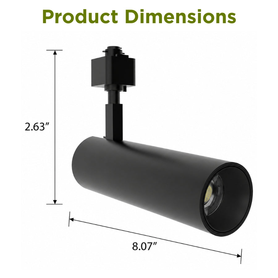 Dimension diagram of the black 10W/15W/20W LED track light measuring 8.07 inches long and 2.63 inches high.