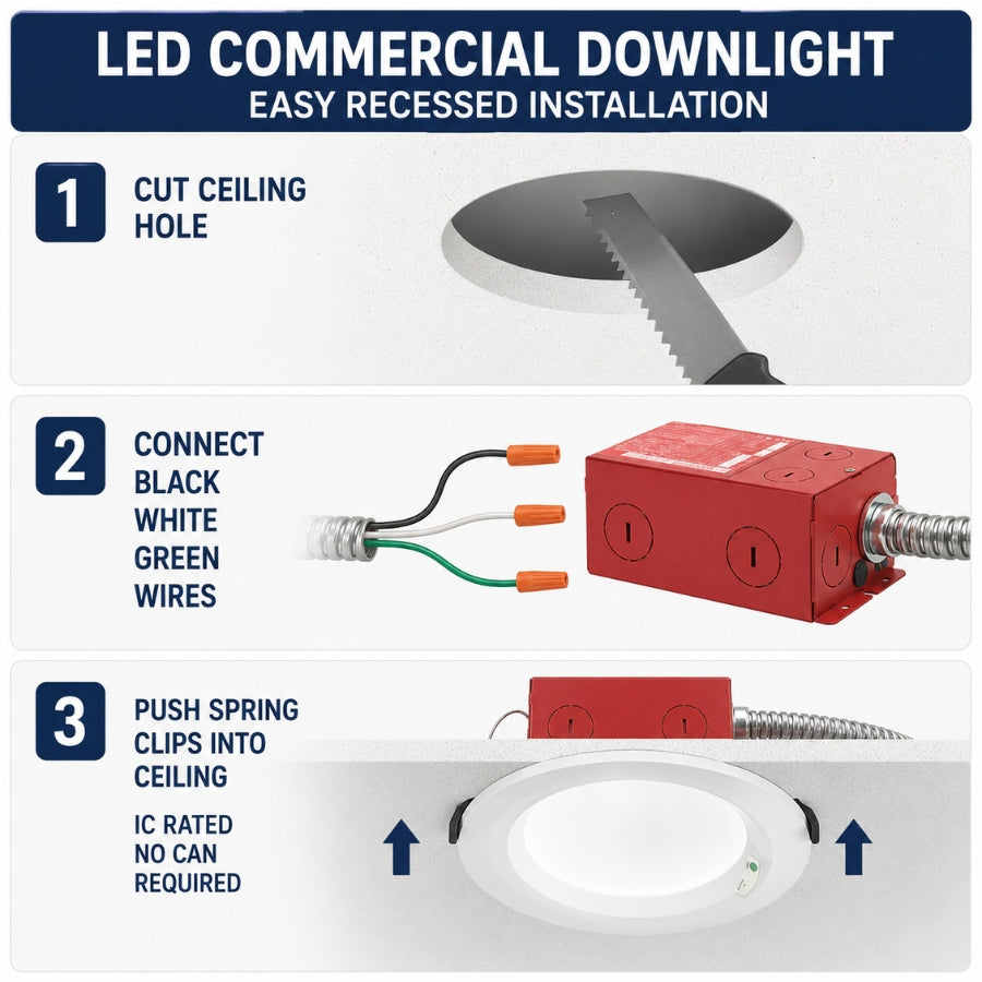 Step-by-step guide for installing an LED commercial downlight with tools and wiring.