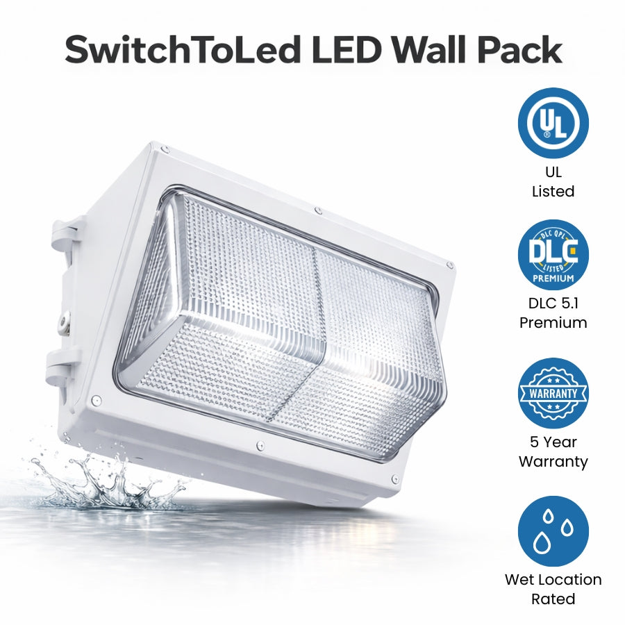 SwitchToLed LED wall pack with certification logos on a white background