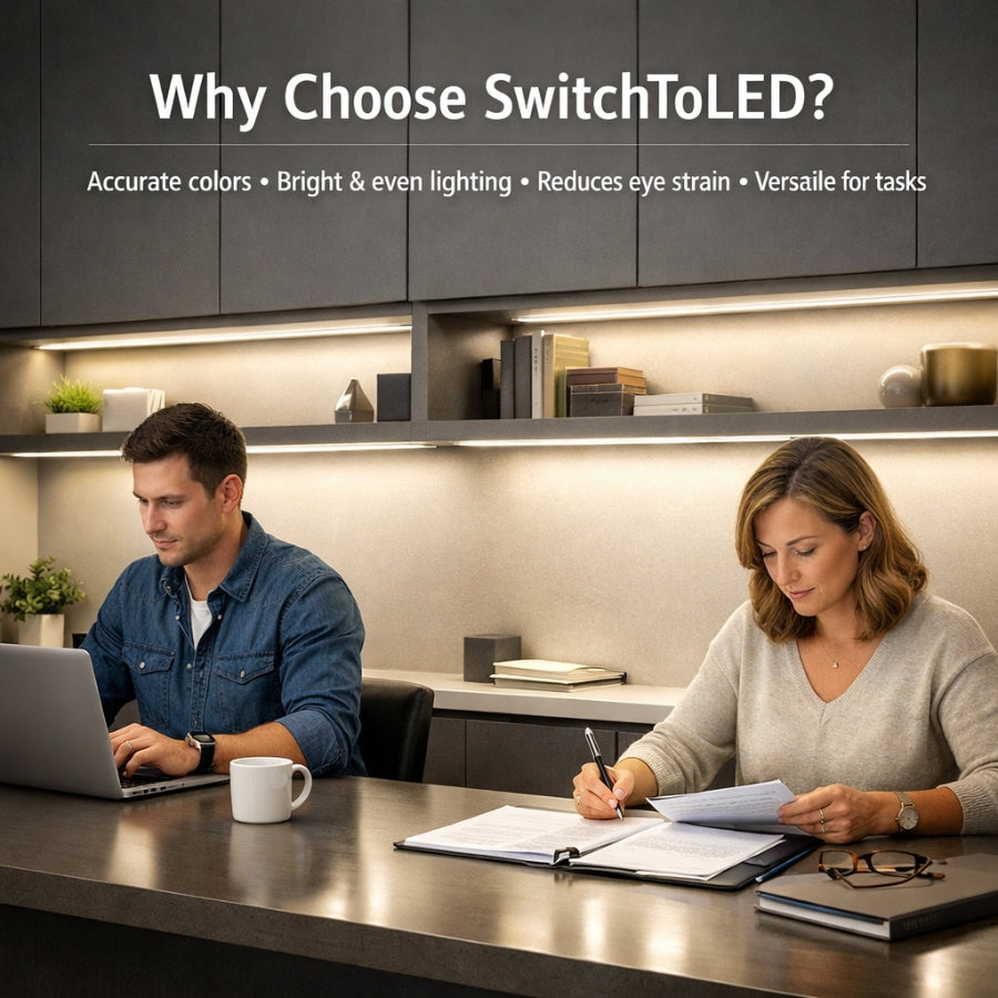 Two people working at a desk with LED strip lights above at switchtoled.com