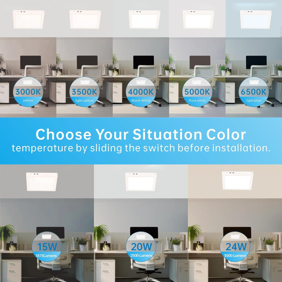 Choose color saturation for 1x1 FT LED flat panel light, with 5CCT options: 3000K, 3500K, 4000K, 5000K, and 6500K for customizable lighting.
