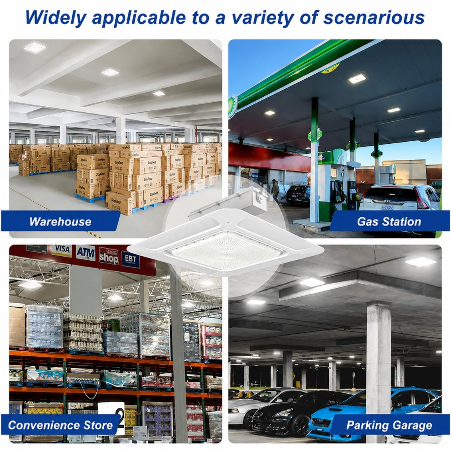 LED canopy light used in warehouse, gas station, convenience store, and parking garage environments