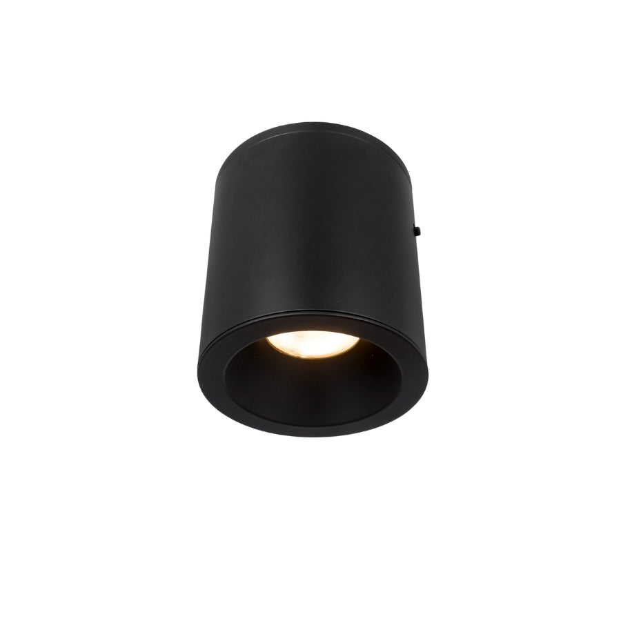 Black cylindrical ceiling light fixture on a white background