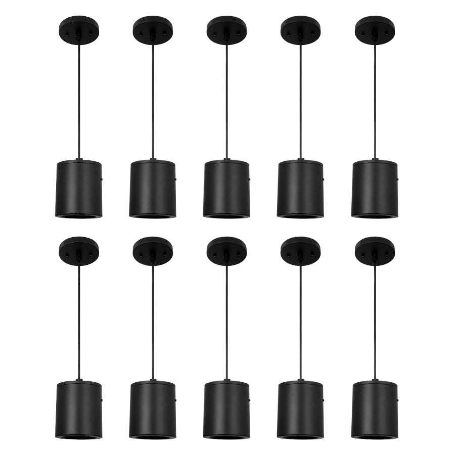 Multiple black pendant lights on a white background