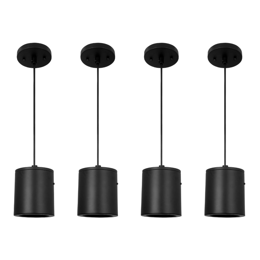 Four black pendant lights on a white background
