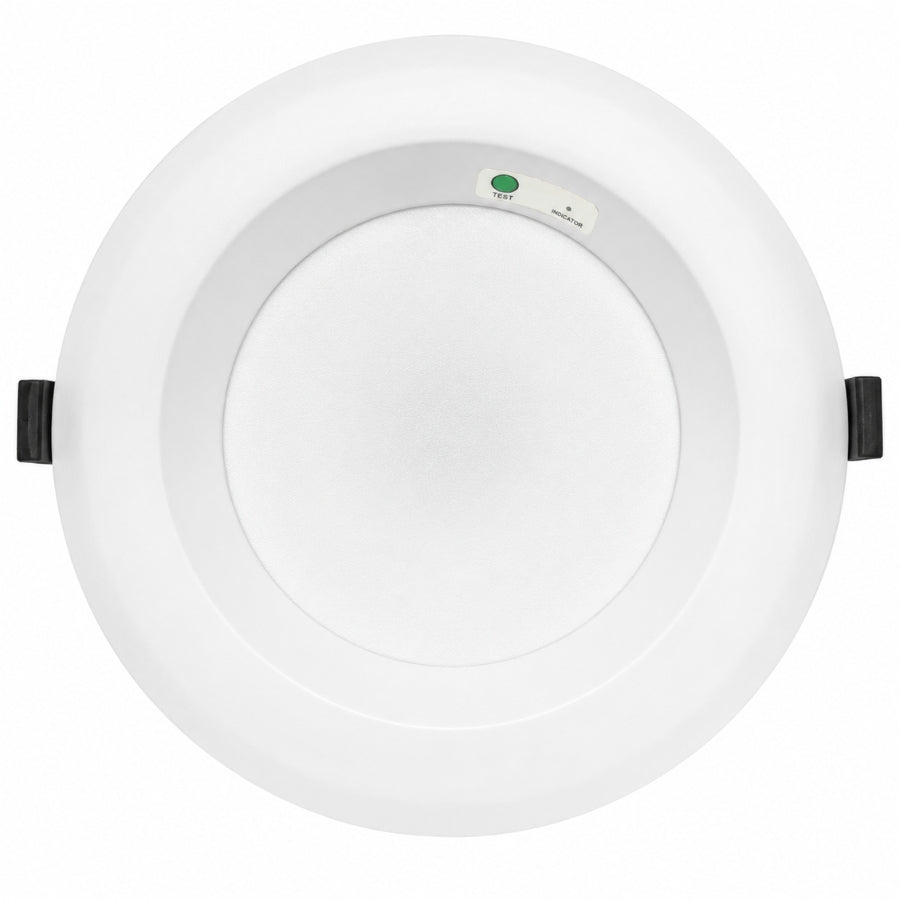 Round white LED downlight on a white background