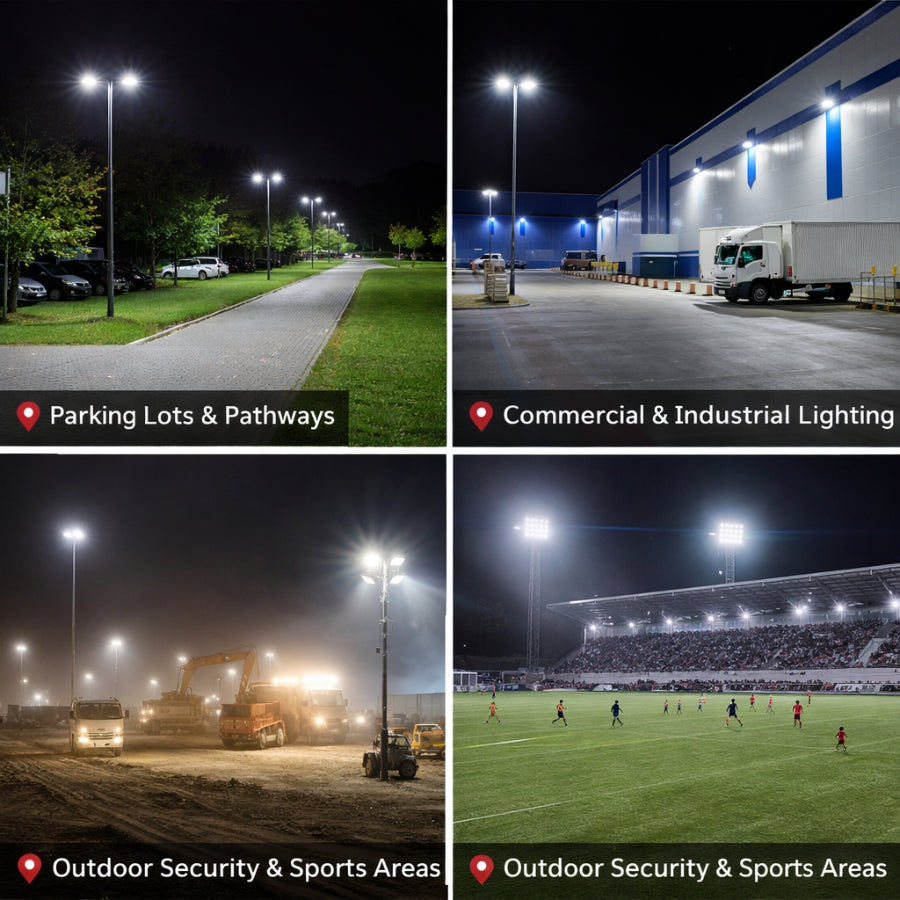 Collage of outdoor lighting applications including parking lots, commercial areas, security zones, and sports fields.