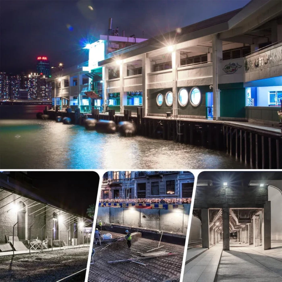 Collage of night-time cityscape with waterfront and urban architecture.