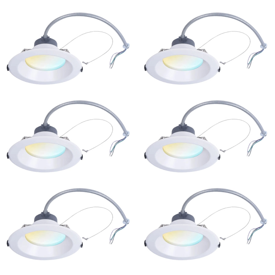 Six LED downlights with white fixtures on a white background