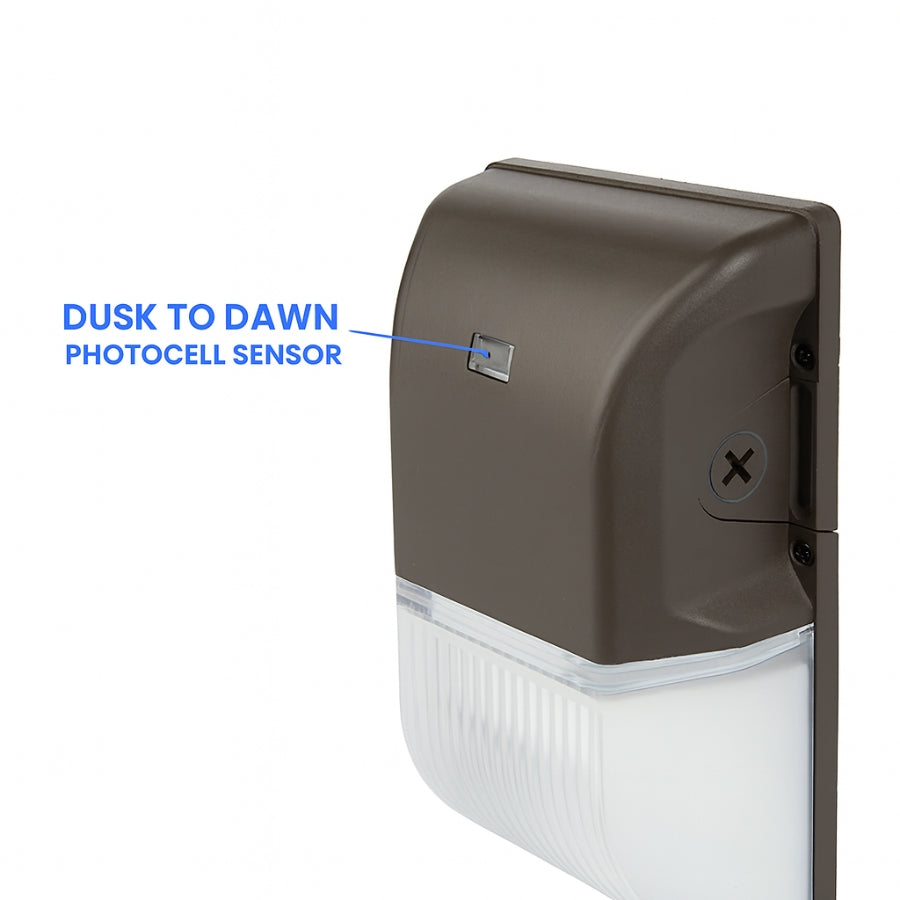 commercial led wall pack lights​ Outdoor light fixture with dusk to dawn photocell sensor labeled on a white background