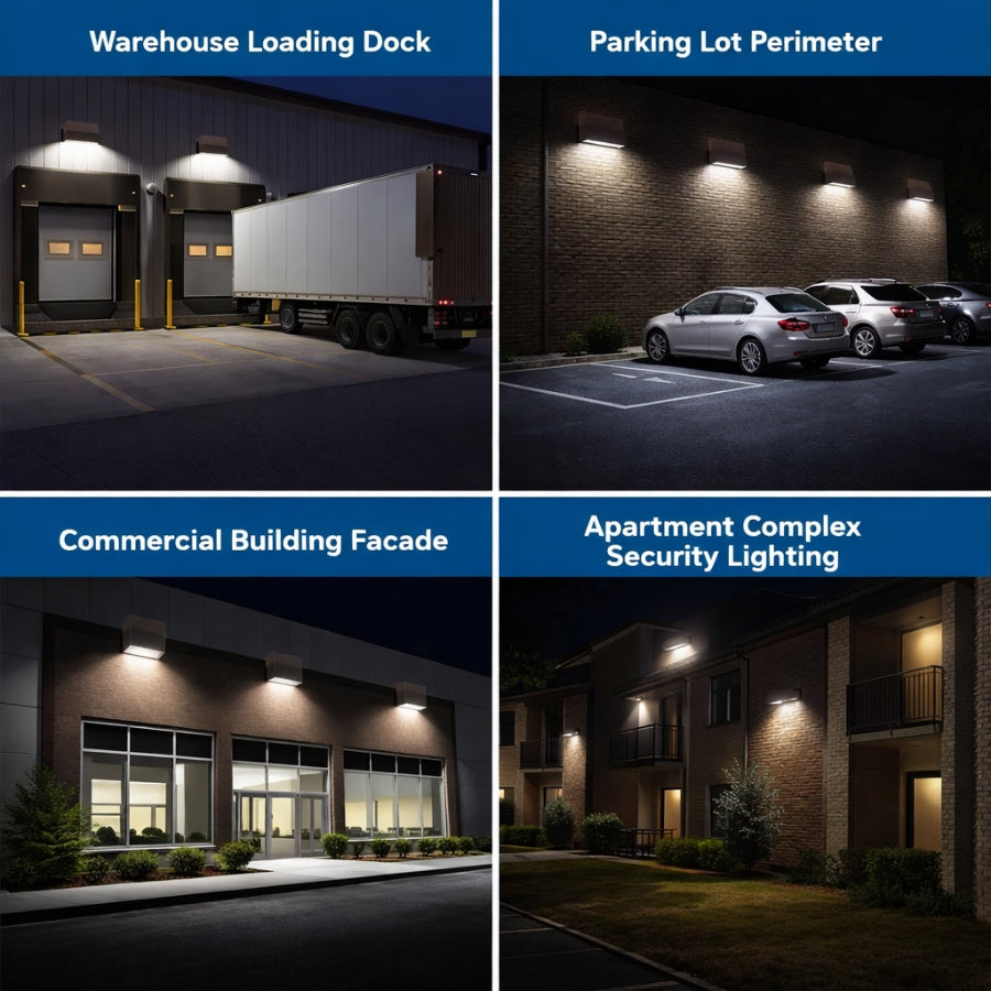 Collage of four different lighting scenarios: warehouse loading dock, parking lot perimeter, commercial building facade, and apartment complex security lighting.