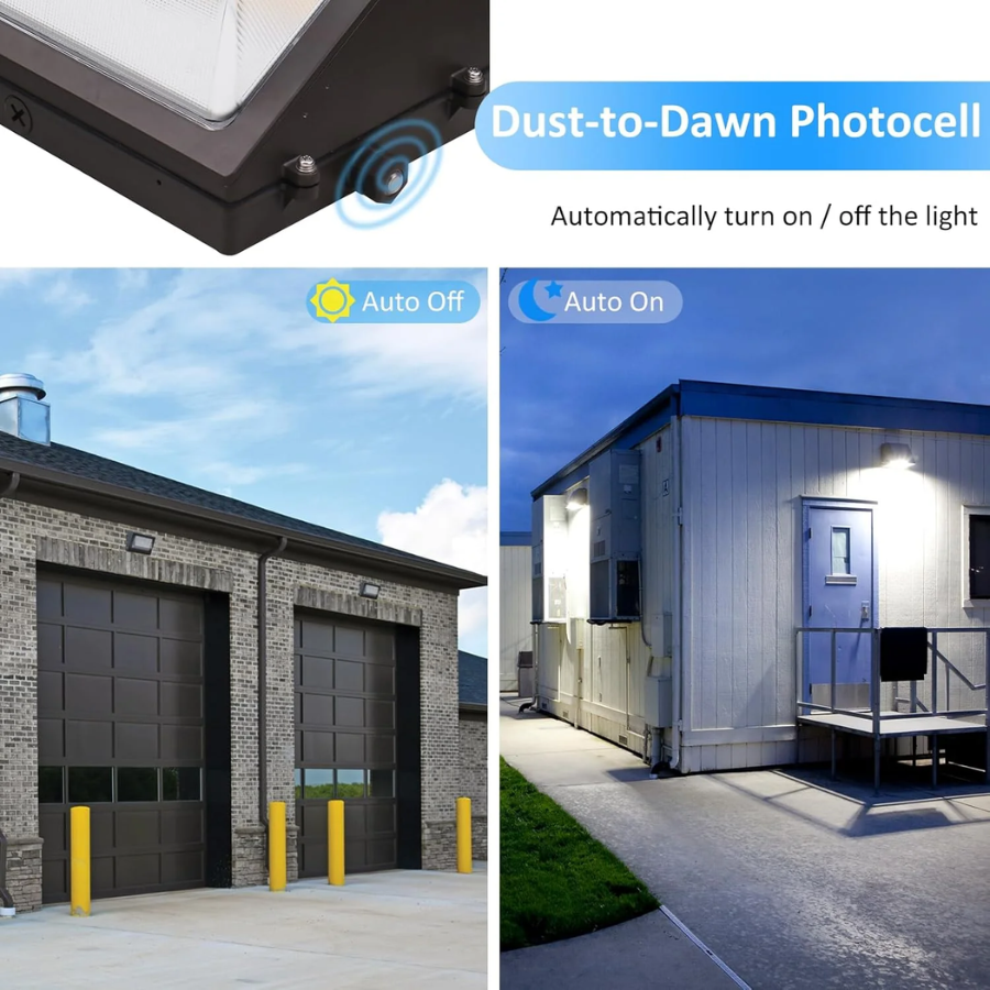 Dust-to-Dawn Photocell 80W LED Emergency Wall Pack with outdoor usage examples.