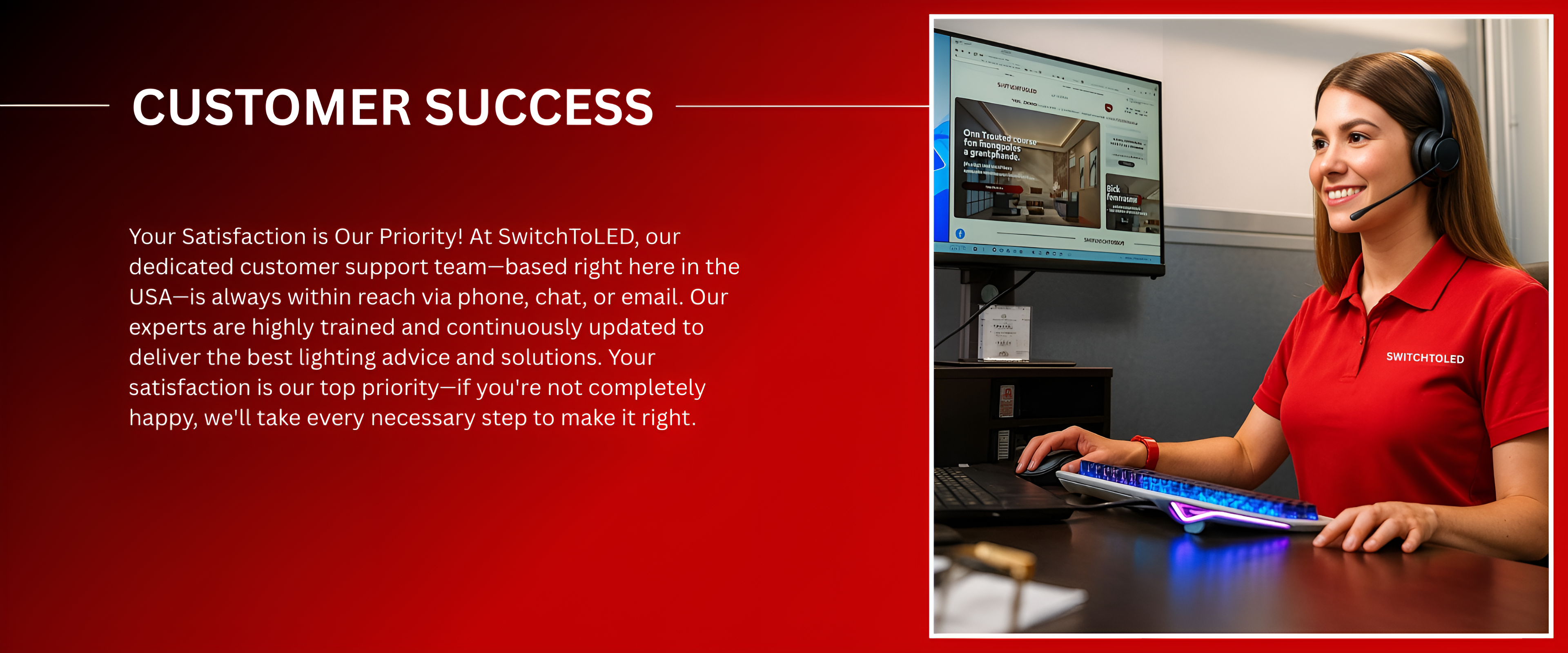 Woman in a red shirt with a headset, sitting at a desk with a computer, on a red background with text about customer success.