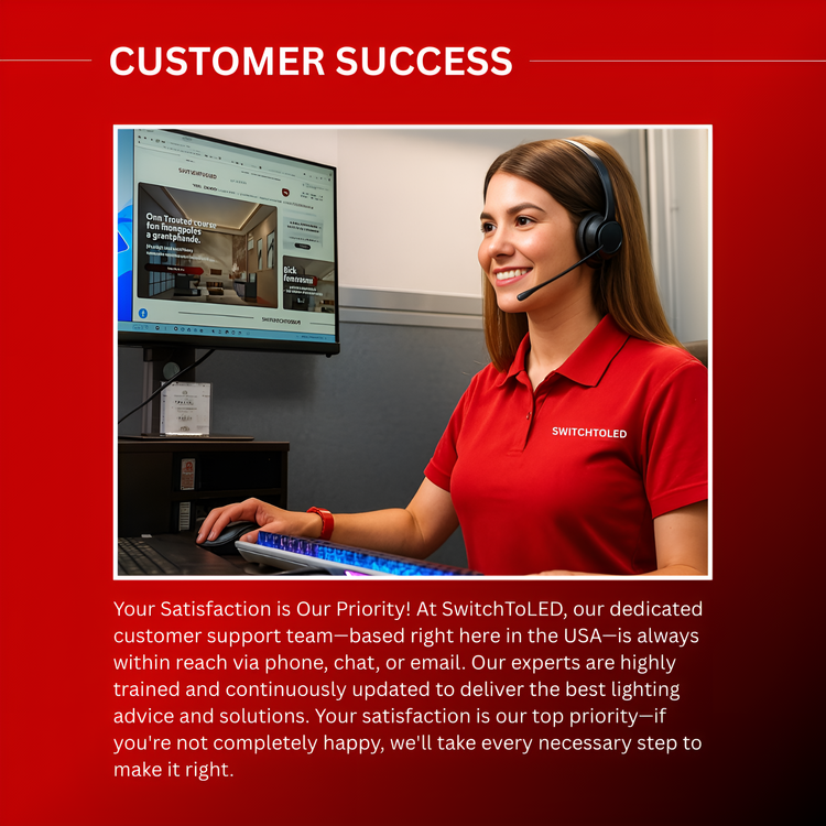 Person in a red SwitchToLED shirt with a headset, sitting at a desk with a computer, on a red background with 'Customer Success' text.