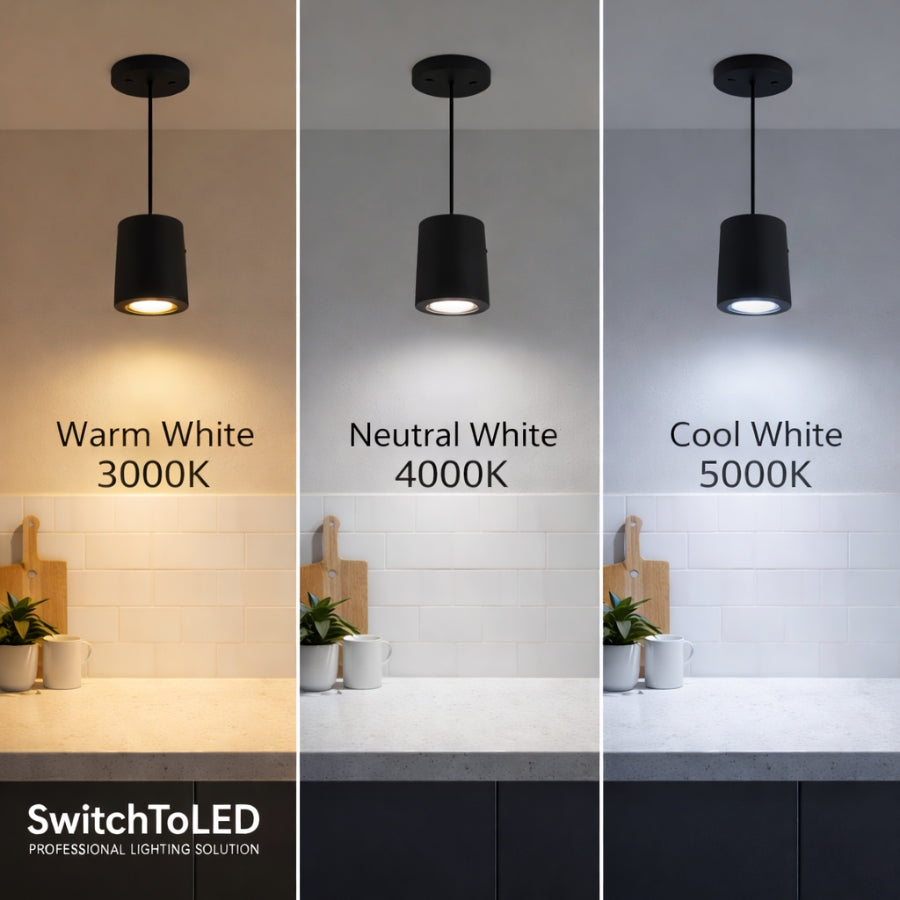 Three lighting conditions shown with 'Warm White', 'Neutral White', and 'Cool White' labels, featuring SwitchToLED branding.