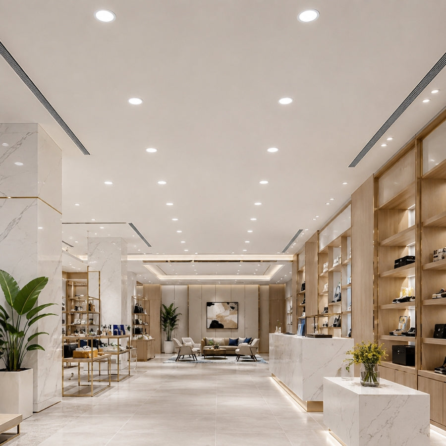 Modern interior design of a lobby with marble floors, wooden shelves, and decorative plants.