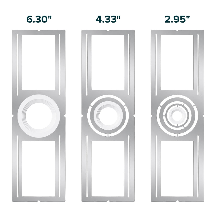 Three circular components with measurements labeled above each, on a white background.