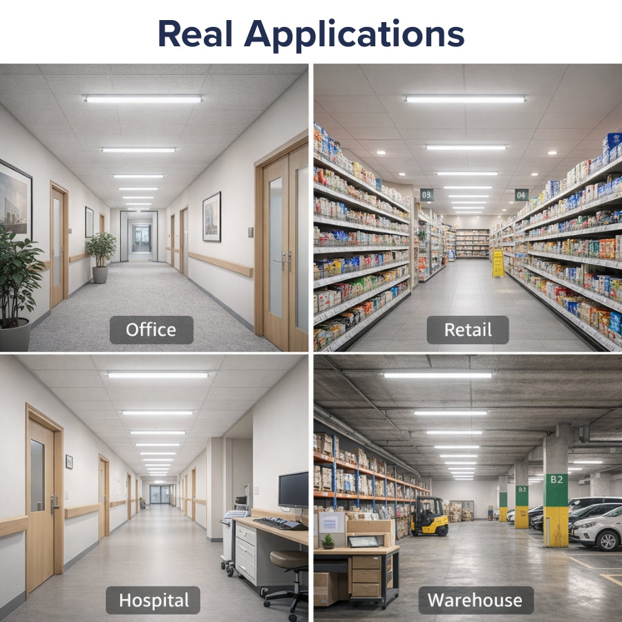 Collage of indoor settings including an office, retail store, hospital, and warehouse with labeled sections.