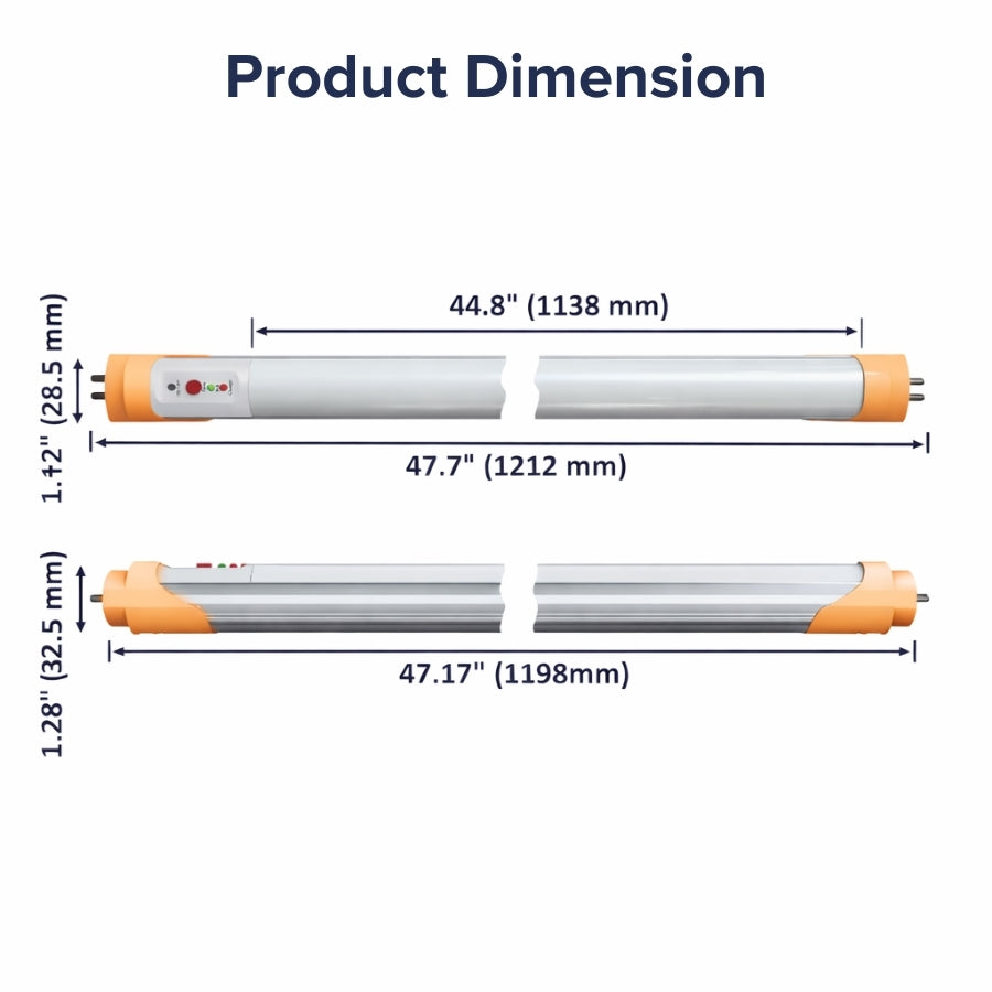Dimensions of LED tube lights with measurements in millimeters.