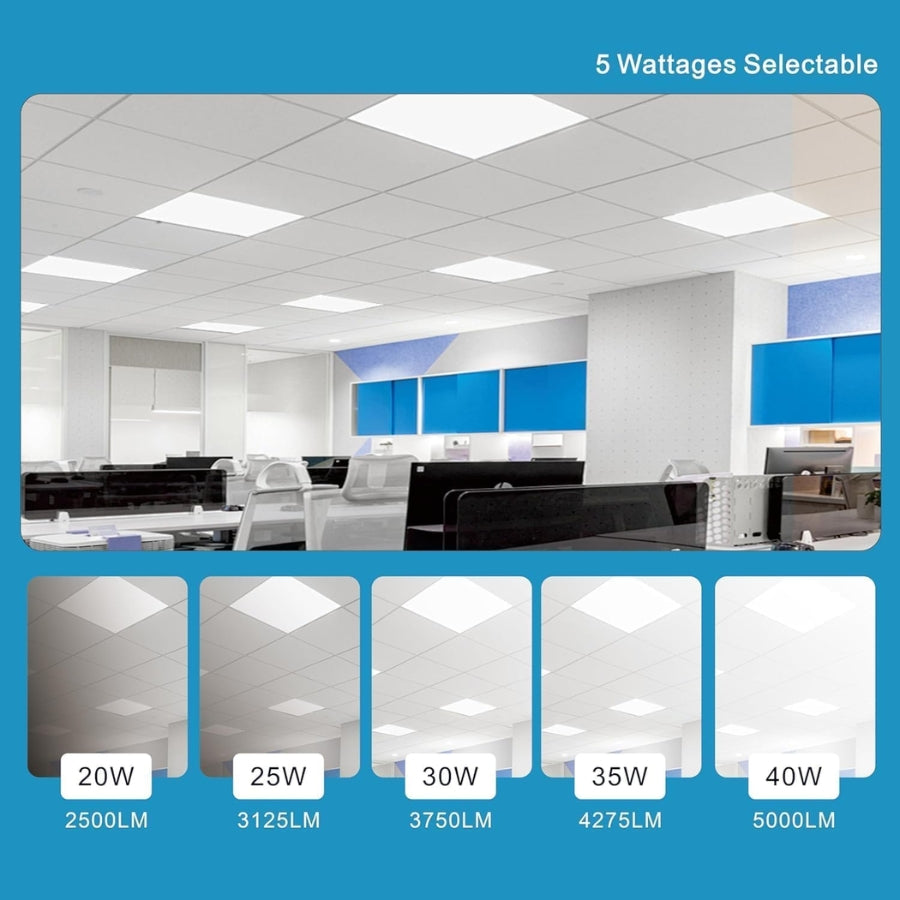Modern office interior with ceiling lights and wattage options displayed below.
