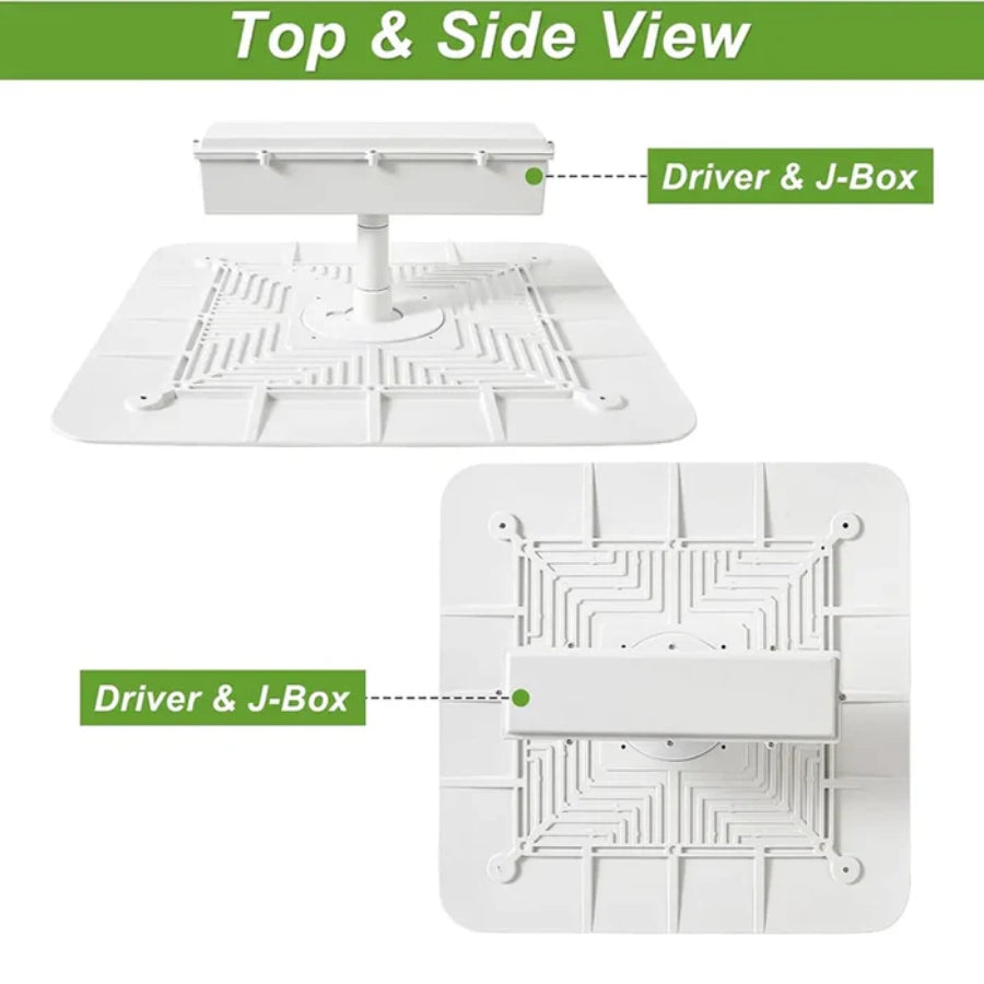 Top and side view of a white gas station led canopy light​ with labeled 'Driver & J-Box'.