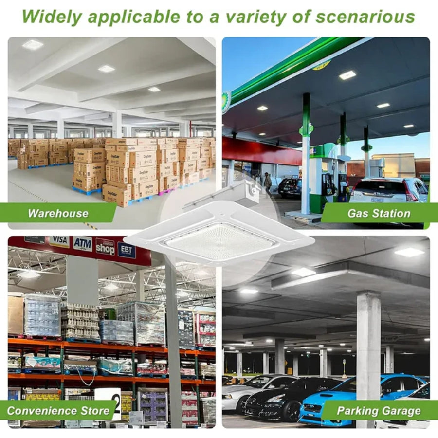 Ceiling-mounted light fixture in warehouse, gas station, convenience store, and parking garage settings.