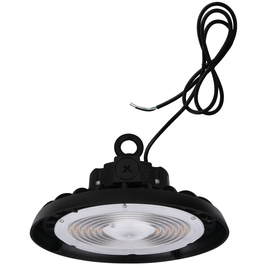 UFO LED high bay light with pre-installed hardwire cable for simplified installation in commercial and industrial buildings.