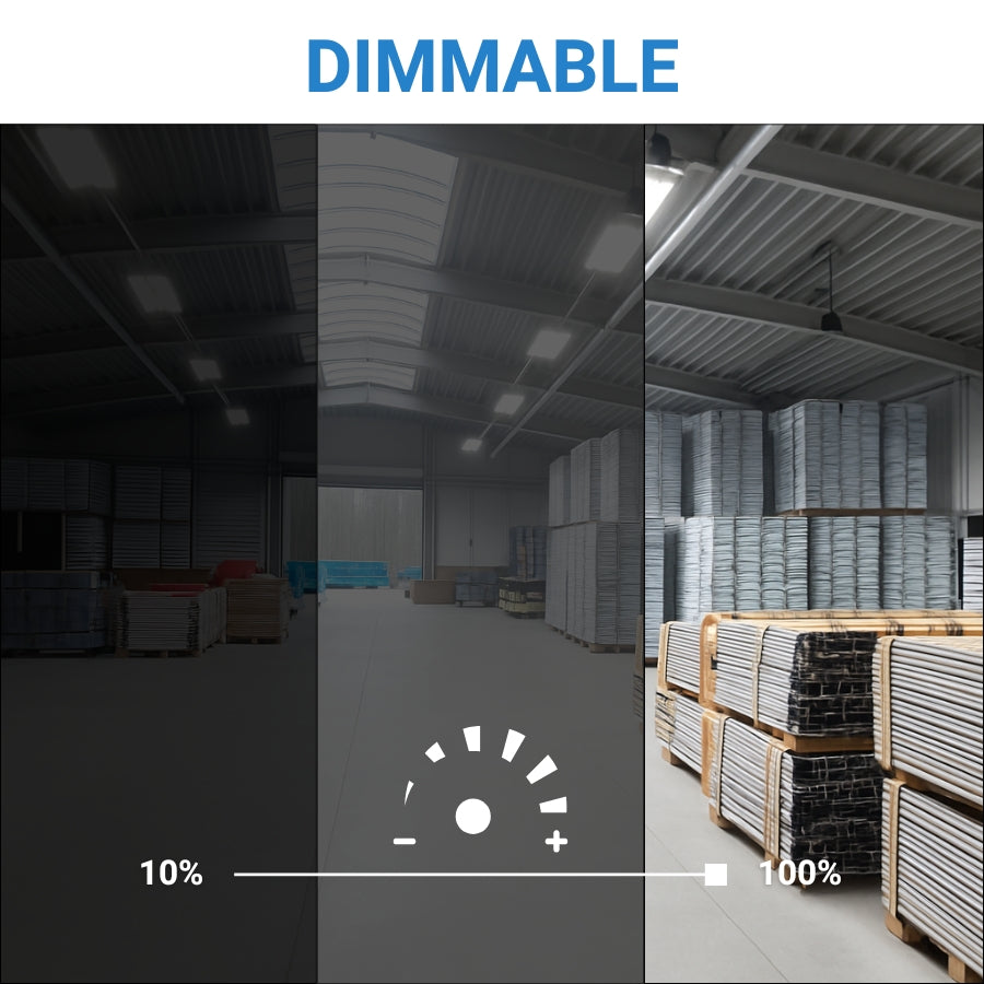 Comparison of a dimly lit warehouse with a well-lit warehouse, showing the effect of dimmable lighting.