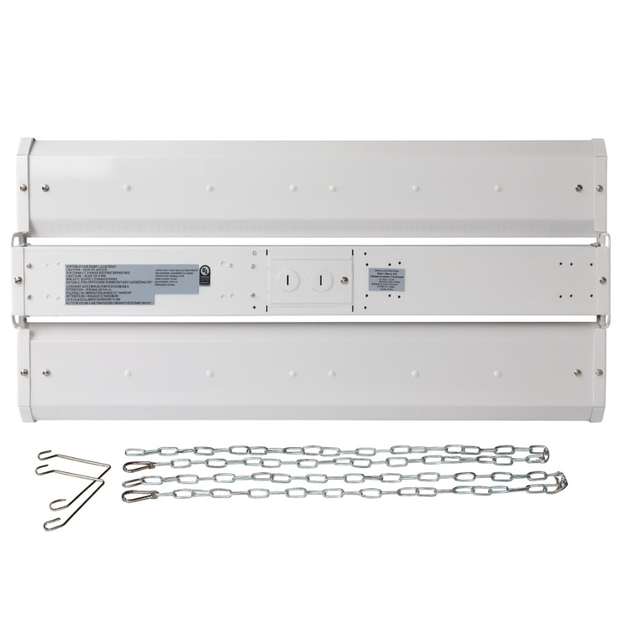 A white dual-light linear ceiling fixture shown from the back, with two silver metal chains and two small metal hooks placed below it on a plain white background.