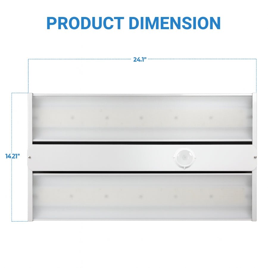 high bay light fixtures​ dimension diagram showing a white rectangular outdoor light fixture with blue measurement lines and text indicating 24.1 inches wide and 14.