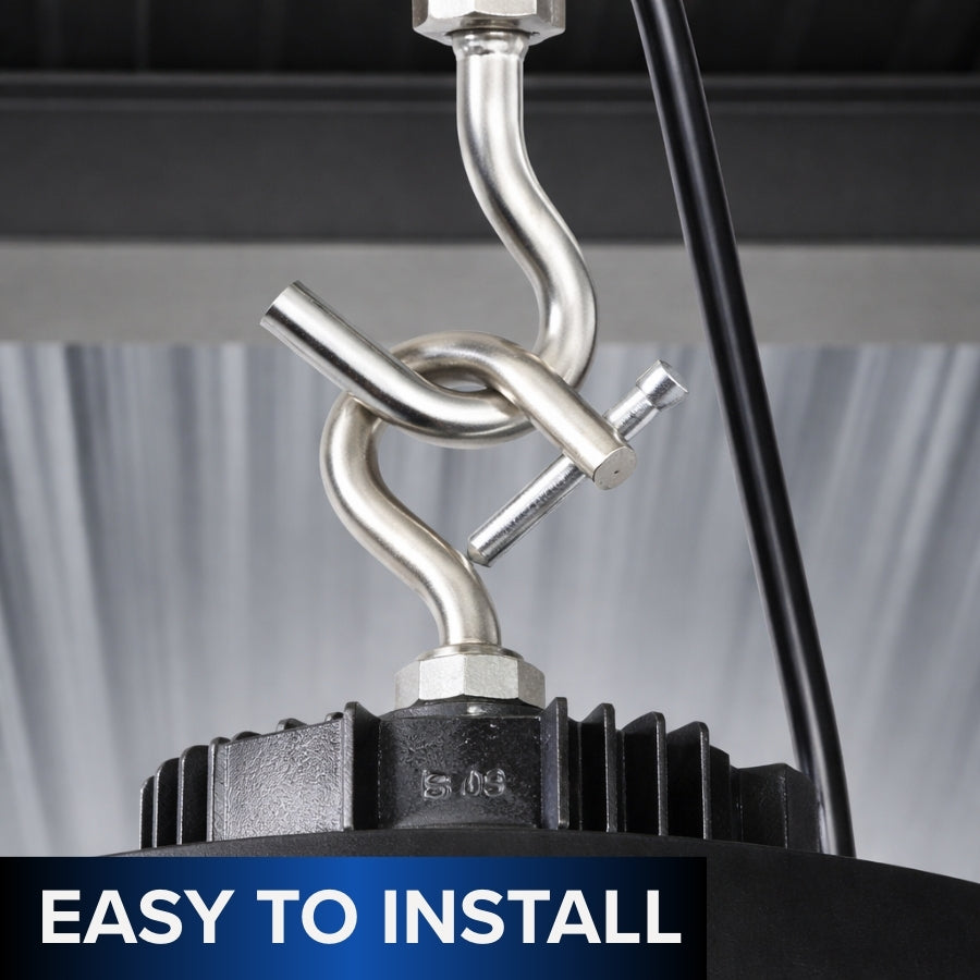 Metal fitting with text 'EASY TO INSTALL' on a blurred background