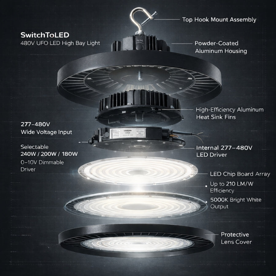 SwitchToLED UFO LED High Bay Light with labeled components on a black background