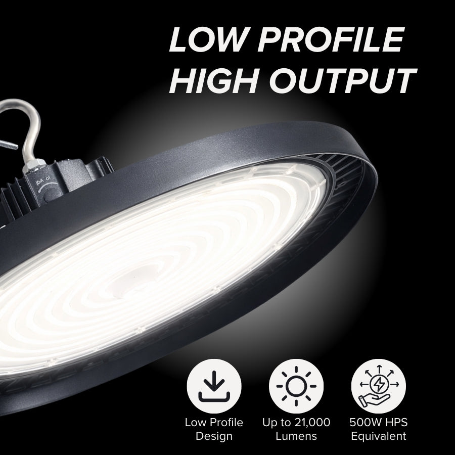 High-output LED light fixture with text 'Low Profile High Output' on a black background