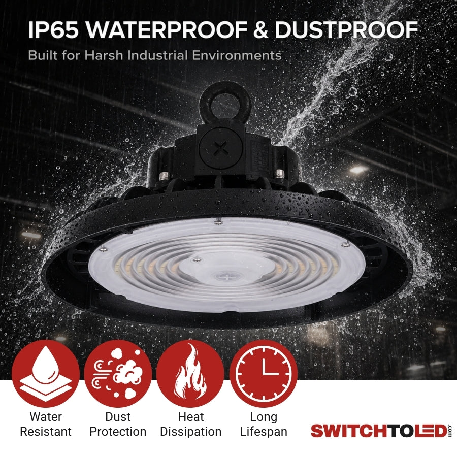 Industrial-grade IP65-rated UFO LED high bay light engineered to resist moisture, dust, and demanding workplace conditions.