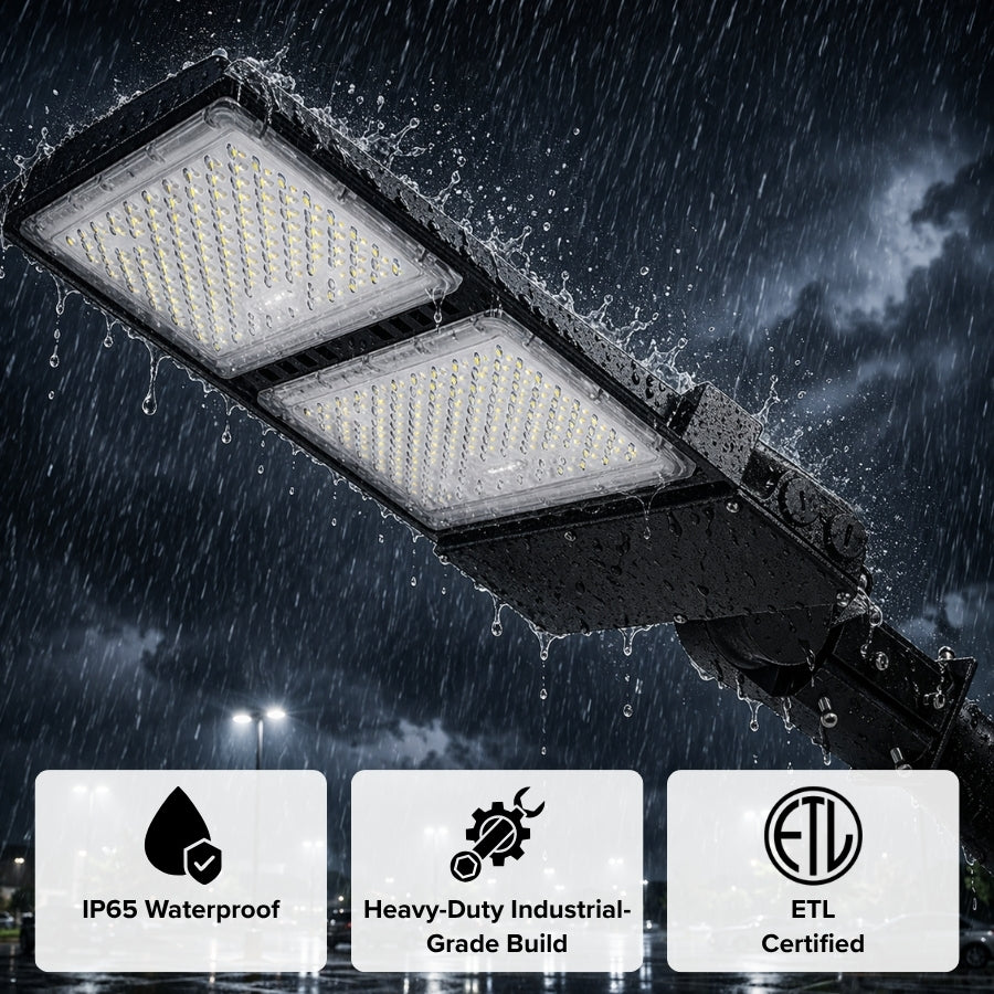 IP65 waterproof LED parking lot light operating in heavy rain with durable industrial-grade build