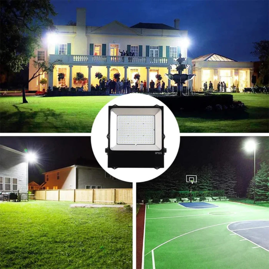 Collage of outdoor floodlights illuminating a house, garden, and basketball court at night.