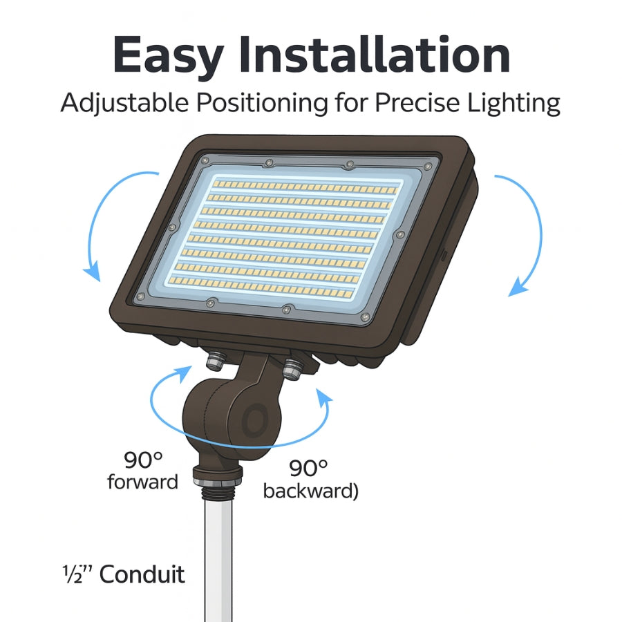 Illustration of a adjustable outdoor light fixture with text on easy installation and precise lighting.