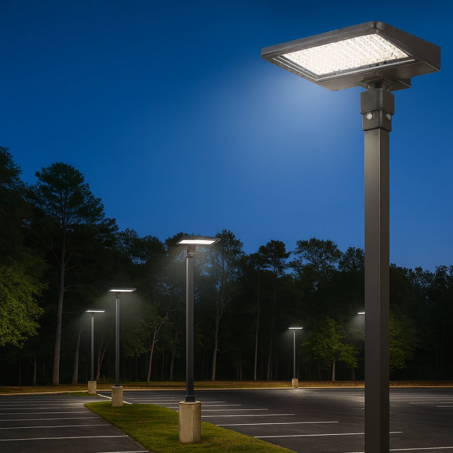 Street lights illuminating a parking lot at night with trees in the background