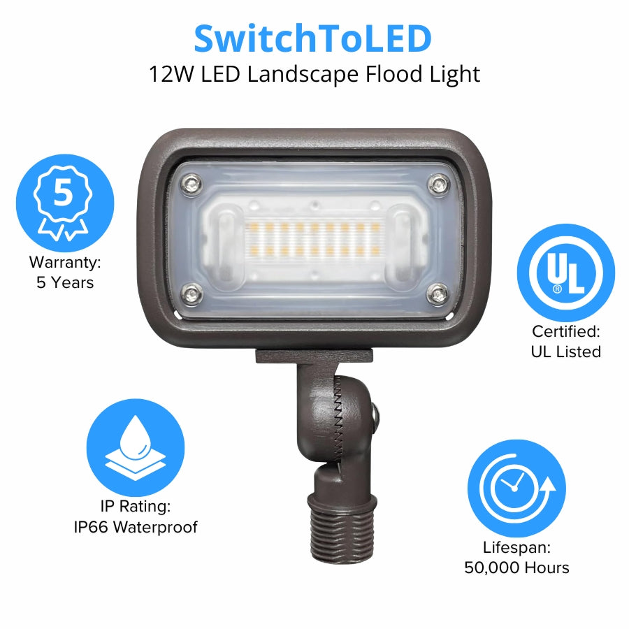 LED landscape flood light with certification logos and specifications on a white background
