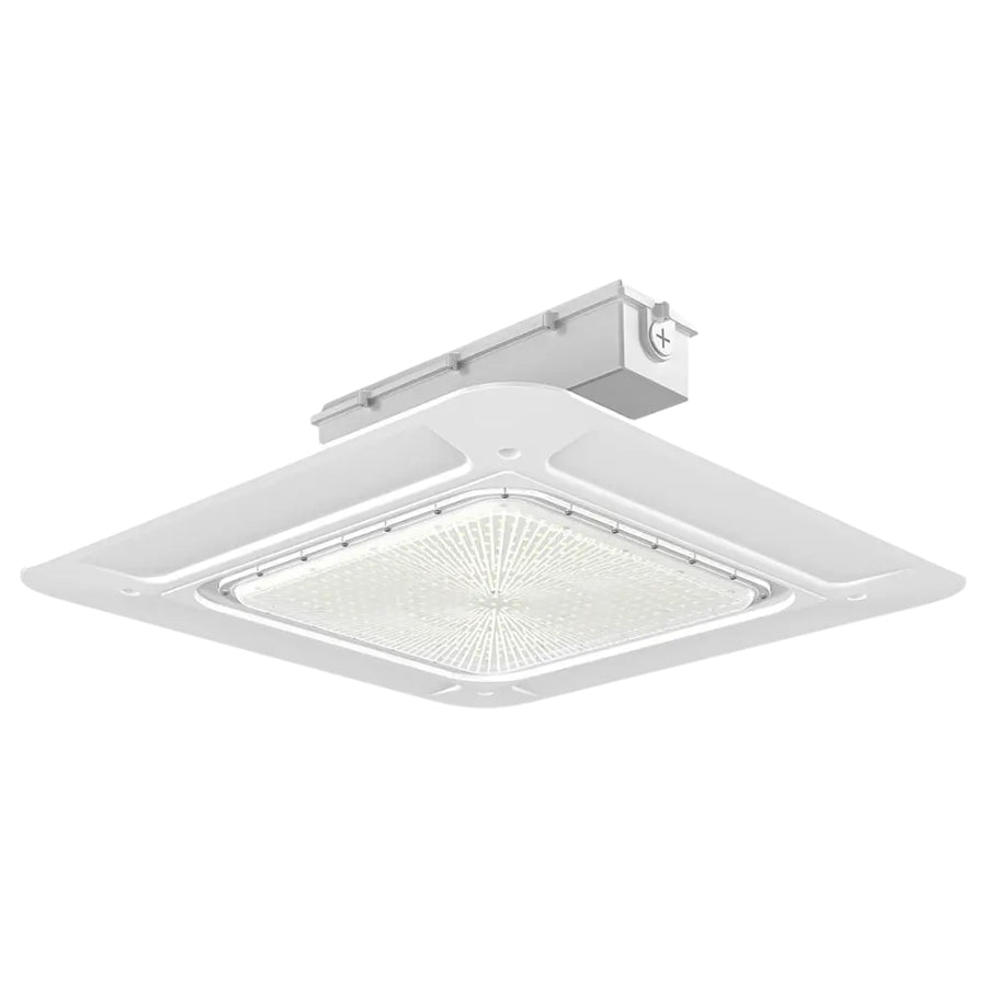Angled view of LED canopy light showing surface mount design and integrated driver box