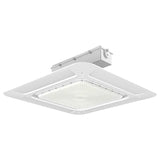 Angled view of LED canopy light showing surface mount design and integrated driver box
