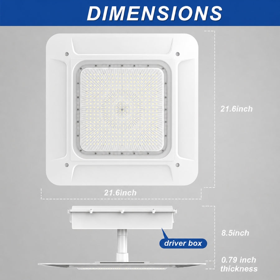 Dimension diagram of LED canopy light showing size, thickness, and driver box measurements